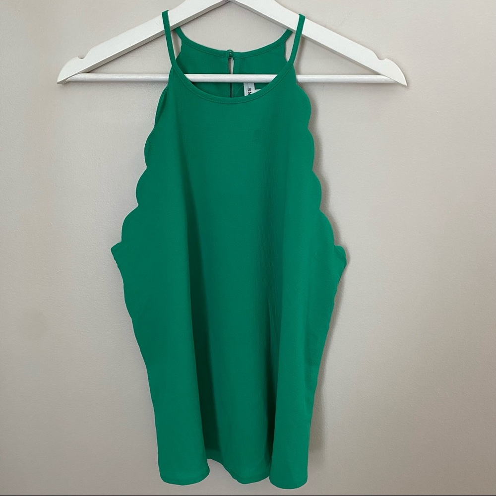 MINE Tank Top Green Scallop Halter Key Hole Casual Solid